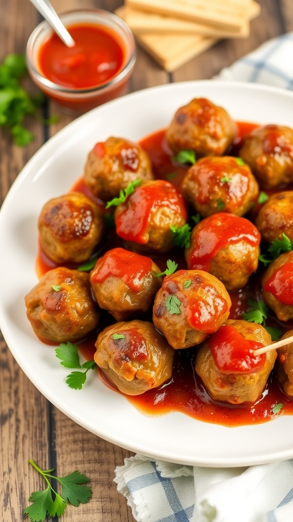 Homemade meatballs served with marinara sauce, garnished with parsley on a rustic plate.